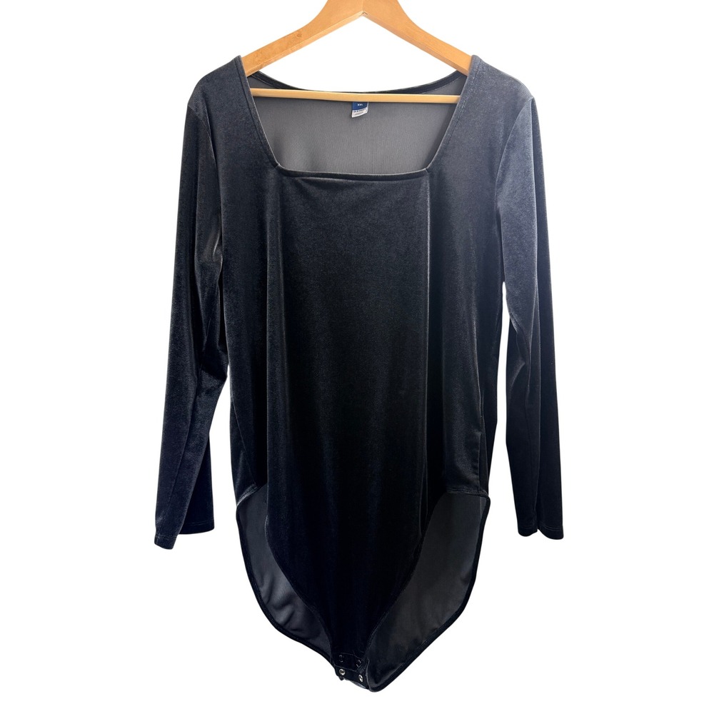 Old Navy Womens XXL Black Velvet Long Sleeve Square Neck Snap‎ Bodysuit Chic